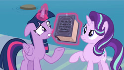 Size: 1620x912 | Tagged: safe, edit, edited screencap, screencap, starlight glimmer, twilight sparkle, twilight sparkle (alicorn), alicorn, pony, unicorn, school daze, book, duo, eea rulebook, raised eyebrow, water