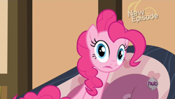 Size: 1440x810 | Tagged: safe, screencap, pinkie pie, earth pony, pony, pinkie apple pie, hub logo, reaction image, solo