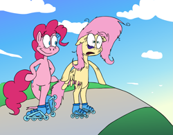 Size: 1717x1339 | Tagged: safe, artist:colossalstinker, fluttershy, pinkie pie, earth pony, pegasus, pony, semi-anthro, bipedal, duo, injured, masyanya, parody, roller skates, skating