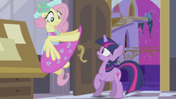 Size: 1280x719 | Tagged: safe, derpibooru import, screencap, fluttershy, twilight sparkle, pegasus, pony, a canterlot wedding, bridesmaid dress, clothes, dress, out of context, skirt, upskirt