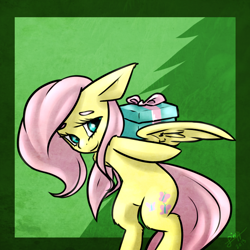 Size: 900x900 | Tagged: safe, artist:lizzyoli-ravioli, fluttershy, pegasus, pony, bipedal, present, solo