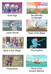 Size: 2300x3307 | Tagged: safe, edit, edited screencap, screencap, big macintosh, discord, double diamond, marble pie, night glider, party favor, pinkie pie, rainbow dash, soarin', sphinx (character), spike, spitfire, starlight glimmer, sugar belle, dragon, pegasus, pony, sphinx, daring done?, dungeons and discords, hearthbreakers, lesson zero, my little pony: the movie, ppov, the cutie re-mark, to where and back again, boat, equal four, iron maiden, meme, pirate rainbow dash, powerslave (album), rainbow nuke, sword, weapon