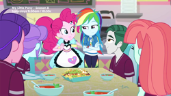 Size: 1280x720 | Tagged: safe, derpibooru import, screencap, crystal lullaby, marco dafoy, melon mint, peacock plume, pinkie pie, rainbow dash, better together, equestria girls, pinkie pie: snack psychic, chips, crossed arms, food, happy, nachos, server pinkie pie, smug, soup, sweet snacks cafe, table