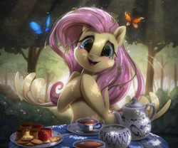 Size: 2500x2078 | Tagged: safe, artist:light262, fluttershy, butterfly, pegasus, pony, amazed, anatomically incorrect, biscuits, blushing, bush, bust, crying, cup, cute, daaaaaaaaaaaw, dappled sunlight, dark, female, food, forest, happy, head tilt, hnnng, hooves together, human shoulders, looking at you, mare, open mouth, outdoors, plate, scenery, shyabetes, smiling, solo, spread wings, table, tea, tea cakes, tea party, teapot, tears of joy, teary eyes, tree, watermelon, weapons-grade cute, wings