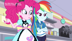 Size: 1280x720 | Tagged: safe, derpibooru import, screencap, pinkie pie, rainbow dash, better together, equestria girls, pinkie pie: snack psychic, apron, clock, clothes, condiments, crossed arms, happy, server pinkie pie, smug, sweet snacks cafe