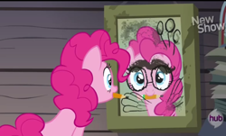 Size: 936x564 | Tagged: safe, screencap, pinkie pie, earth pony, pony, pinkie apple pie, balloon, drawing, glasses, hub logo, mirror, moustache, mouth hold, reflection, solo, wings