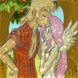 Size: 600x600 | Tagged: safe, artist:littlebakeneko, big macintosh, fluttershy, human, female, fluttermac, humanized, kissing, light skin, male, shipping, straight, winged humanization