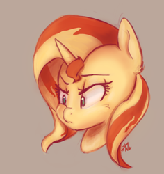 Size: 1280x1356 | Tagged: safe, artist:penny-wren, sunset shimmer, pony, unicorn, brown background, bust, confused, female, mare, portrait, simple background, solo