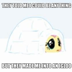 Size: 500x500 | Tagged: safe, artist:mixermike622, edit, fluttershy, pegasus, pony, how can life be so cruel, igloo, image macro, roflbot, solo, they told me