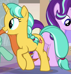 Size: 641x663 | Tagged: safe, screencap, citrine spark, fire quacker, peppermint goldylinks, starlight glimmer, pony, unicorn, school daze, background pony, braid, character named in the comments, cropped, female, friendship student, mare, name suggestion in the comments, raised hoof, solo focus