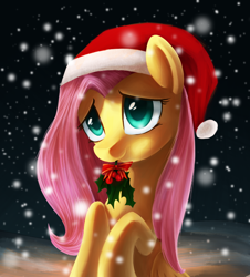 Size: 768x850 | Tagged: safe, artist:chryseum, fluttershy, pegasus, pony, christmas, cute, holly, holly mistaken for mistletoe, night, snow, snowfall, solo