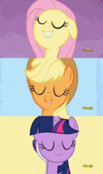 Size: 260x439 | Tagged: safe, derpibooru import, edit, screencap, applejack, fluttershy, pinkie pie, rainbow dash, rarity, twilight sparkle, twilight sparkle (alicorn), alicorn, earth pony, pegasus, pony, unicorn, fame and misfortune, animated, best friends, book, comparison, discovery family logo, flawless, friendshipping, gif, glomp, logo, looking at each other, looking at you, magic, making faces, reading, singing, song, tackle
