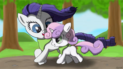 Size: 7680x4320 | Tagged: safe, artist:bosontar, rarity, sweetie belle, pony, unicorn, absurd resolution, running