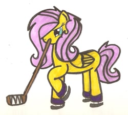 Size: 945x846 | Tagged: safe, artist:xxthespacecorexx, fluttershy, pegasus, pony, hockey, hockey night in canada, hockey stick, ice hockey, ice skates, mouth hold, nhl, solo, traditional art