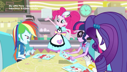 Size: 1920x1080 | Tagged: safe, derpibooru import, screencap, rainbow dash, rarity, sci-twi, twilight sparkle, better together, equestria girls, pinkie pie: snack psychic, apron, clock, clothes, glasses, menu, server pinkie pie, sweet snacks cafe, table, waitress