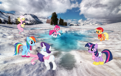 Size: 2560x1600 | Tagged: safe, artist:cheezedoodle96, artist:philiptomkins, artist:quanno3, artist:tygerbug, derpibooru import, applejack, fluttershy, pinkie pie, rainbow dash, rarity, twilight sparkle, boots, clothes, female, hat, ice, ice skating, irl, mare, photo, ponies in real life, saddle, scarf, skates, snow, snow day