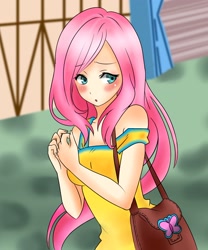 Size: 1280x1537 | Tagged: safe, artist:racoonsan, artist:vocalmaker, edit, fluttershy, human, blushing, clothes, dress, female, humanized, light skin, solo