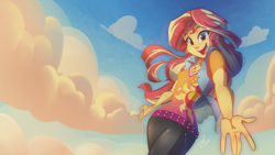 Size: 2133x1200 | Tagged: safe, artist:light262, sunset shimmer, equestria girls, clothes, cloud, cute, female, geode of empathy, happy, looking at you, magical geodes, open mouth, shimmerbetes, shirt, sky, smiling, solo, wallpaper