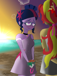 Size: 1280x1706 | Tagged: safe, artist:missmayaleanne, sci-twi, sunset shimmer, twilight sparkle, equestria girls, alternate costumes, alternate hairstyle, beach, blushing, female, lesbian, looking at each other, ocean, scitwishimmer, shipping, sunset, sunsetsparkle