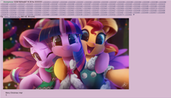 Size: 1305x744 | Tagged: safe, artist:light262, edit, starlight glimmer, sunset shimmer, twilight sparkle, twilight sparkle (alicorn), alicorn, pony, unicorn, /mlp/, 4chan, c:, cape, cheek fluff, christmas, christmas tree, clothes, cute, ear fluff, female, fluffy, glimmerbetes, happy, hnnng, holiday, hug, leg fluff, looking at you, mare, one eye closed, open mouth, right neighborhood, scarf, selfie, shimmerbetes, side hug, smiling, sparkles, sweater, tree, trio, twiabetes, wink