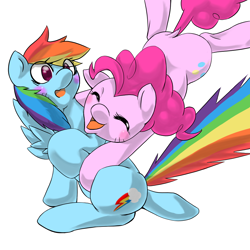 Size: 1000x1000 | Tagged: safe, artist:ushiro no kukan, derpibooru import, pinkie pie, rainbow dash, earth pony, pegasus, pony, blushing, female, glomp, hug from behind, lesbian, pinkiedash, pixiv, shipping, surprised, tailboner