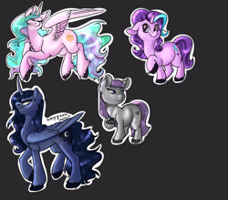 Size: 2800x2450 | Tagged: safe, artist:tabertheraver, boulder (pet), maud pie, princess celestia, princess luna, starlight glimmer, alicorn, earth pony, pony, unicorn, grumpy, smiling