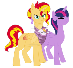 Size: 1024x942 | Tagged: safe, artist:sundownspark, sunset shimmer, twilight sparkle, twilight sparkle (alicorn), oc, oc:sundown spark, alicorn, pony, alicornified, eyes closed, female, lesbian, magical lesbian spawn, next generation, offspring, parent:sunset shimmer, parent:twilight sparkle, parents:sunsetsparkle, race swap, shimmercorn, shipping, simple background, sunsetsparkle, transparent background