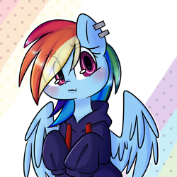 Size: 2000x2000 | Tagged: safe, artist:thieftea, rainbow dash, pegasus, pony, :i, blushing, clothes, cute, dashabetes, ear piercing, eye clipping through hair, eyebrows visible through hair, high res, hoodie, piercing, solo, spread wings, wings