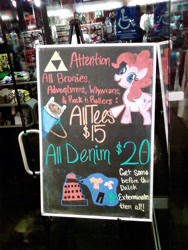 Size: 1200x1600 | Tagged: safe, pinkie pie, earth pony, pony, adventure time, dalek, doctor who, finn the human, hot topic, sign