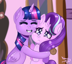 Size: 2836x2498 | Tagged: safe, artist:yumomochan, starlight glimmer, twilight sparkle, twilight sparkle (alicorn), alicorn, pony, unicorn, a royal problem, cute, digital, digital art, eyes closed, female, friendship, glimmerbetes, hape, hug, mare, scene interpretation, twiabetes