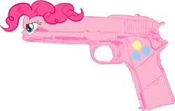 Size: 676x429 | Tagged: safe, artist:amehdaus, pinkie pie, gun, m1911, pistol, pun, solo, species swap, visual pun