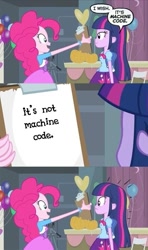 Size: 413x700 | Tagged: safe, derpibooru import, edit, edited screencap, screencap, pinkie pie, twilight sparkle, equestria girls, equestria girls (movie), clipboard, comic, duo, frown, lidded eyes, machine code, meme, open mouth, pinkie's clipboard, screencap comic, smiling, surprised, wide eyes