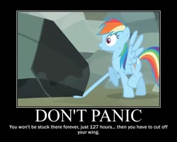 Size: 750x600 | Tagged: safe, artist:crossoverprincess, derpibooru import, edit, edited screencap, screencap, rainbow dash, pegasus, pony, may the best pet win, 127 hours, boulder, motivational poster, movie reference, rock, solo, trapped