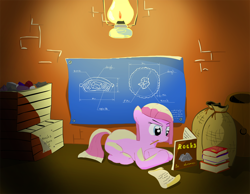 Size: 1200x931 | Tagged: safe, artist:cyb3rwaste, pinkie pie, earth pony, pony, blueprint, book, for dummies, pinkamena diane pie, professional, rock, rock farm, science, solo