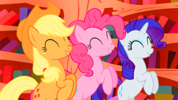 Size: 1266x712 | Tagged: safe, screencap, applejack, pinkie pie, rarity, earth pony, pony, unicorn, dragonshy, happy, horses doing horse things, rearing