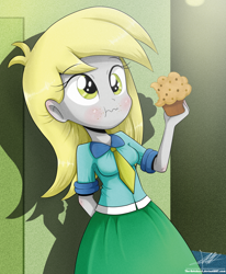 Size: 1784x2162 | Tagged: safe, artist:the-butch-x, derpy hooves, equestria girls, clothes, female, green skirt, muffin, necktie, signature, skirt, solo, wavy mouth