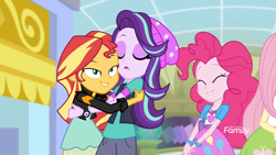 Size: 1920x1080 | Tagged: safe, screencap, fluttershy, pinkie pie, starlight glimmer, sunset shimmer, equestria girls, mirror magic, spoiler:eqg specials, beanie, bracelet, clothes, cute, eyes closed, faic, hat, hug, jacket, jewelry, leather jacket, mall, necklace, open mouth, out of context, pants, pendant, shirt, skirt, very out of context, watch, wristwatch