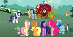 Size: 1136x580 | Tagged: safe, derpibooru import, screencap, applejack, fluttershy, pinkie pie, rainbow dash, rarity, spike, twilight sparkle, dragon, earth pony, pegasus, pony, unicorn, the best night ever, apple carriage, blurry, carriage, discovery family logo, female, horses doing horse things, male, mane seven, mane six, mare, plot, stallion