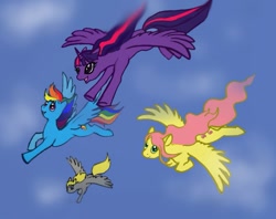 Size: 965x765 | Tagged: safe, artist:tielgar, derpy hooves, fluttershy, rainbow dash, twilight sparkle, twilight sparkle (alicorn), alicorn, pegasus, pony, female, flying, mare