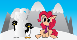 Size: 1024x544 | Tagged: safe, artist:bickcomixx, pinkie pie, earth pony, penguin, pony, female, mare, pink coat, solo