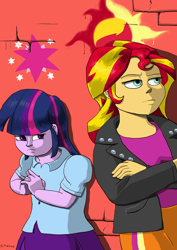 Size: 4962x7014 | Tagged: safe, artist:gogglespizano, sunset shimmer, twilight sparkle, equestria girls, absurd resolution, clothes, crossed arms, cutie mark, fanfic, fanfic art, jacket, leather jacket, skirt, wall