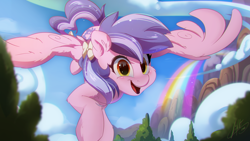 Size: 2500x1406 | Tagged: safe, artist:light262, oc, oc only, pegasus, pony, blushing, bow, cheek fluff, cloud, ear fluff, female, flying, gift art, hair bow, happy, leg fluff, looking at you, mare, mountain, open mouth, rainbow, scenery, signature, sky, smiling, solo, spread wings, tail bow, tree, wings