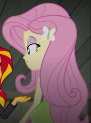 Size: 455x617 | Tagged: safe, screencap, fluttershy, sunset shimmer, equestria girls, rainbow rocks, cropped