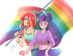 Size: 2900x2200 | Tagged: safe, artist:foxmi, sci-twi, sunset shimmer, twilight sparkle, equestria girls, adorkable, alternate costumes, alternate hairstyle, belly button, clothes, cute, cutie mark earrings, dork, ear piercing, earring, female, flag, gay pride, gay pride flag, glasses, headcanon, holding hands, human coloration, jewelry, lesbian, lgbt, looking at you, midriff, piercing, ponytail, pride, pride month, scitwishimmer, shimmerbetes, shipping, short shirt, signature, simple background, skirt, smiling, sunsetsparkle, sunspecs shimmer, twiabetes, white background