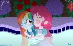 Size: 4409x2756 | Tagged: safe, artist:darkest-lunar-flower, derpibooru import, pinkie pie, rainbow dash, better together, equestria girls, blushing, clothes, commission, cute, female, geode of super speed, kissing, lesbian, magical geodes, pinkiedash, shipping, swimming pool, wet hair