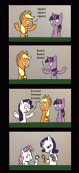 Size: 2480x5398 | Tagged: safe, artist:bobthedalek, applejack, rarity, sweetie belle, twilight sparkle, unicorn twilight, earth pony, pony, unicorn, annoyed, apple, book, comic, female, flanderization, one word, puppet, that pony sure does love apples, that pony sure does love books, that pony sure does love dresses