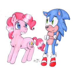 Size: 1716x1605 | Tagged: safe, artist:hollsterweelskitty, pinkie pie, earth pony, pony, crossover, crossover shipping, cute, female, interspecies, male, shipping, sonic the hedgehog, sonic the hedgehog (series), sonicpie, sonipie, straight, traditional art