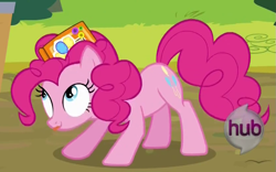 Size: 837x523 | Tagged: safe, screencap, pinkie pie, earth pony, pony, pinkie apple pie, hammerspace, hub logo, lipstick, mane, smiling, solo