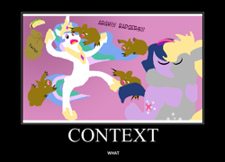 Size: 749x540 | Tagged: safe, artist:pixelkitties, derpy hooves, princess celestia, twilight sparkle, alicorn, badger, pony, bipedal, context is for the weak, demotivational poster, eyes closed, female, kissing, lesbian, meme, open mouth, shipping, taco, twerpy, wat