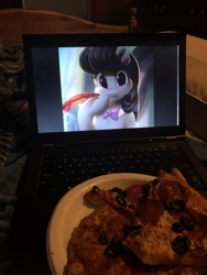 Size: 3024x4032 | Tagged: safe, artist:light262, octavia melody, earth pony, pony, computer, female, food, laptop computer, meat, pepperoni, pepperoni pizza, pizza, plate, thinkpad, waifu dinner